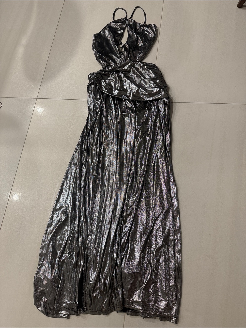 Luxxel Shimmering Silver Halter Pleated Maxi Dress